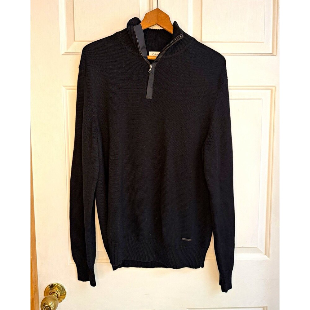 Calvin Klein Men’s Black Knit 1/4 Zip Mock Neck Pullover Sweater - Logo